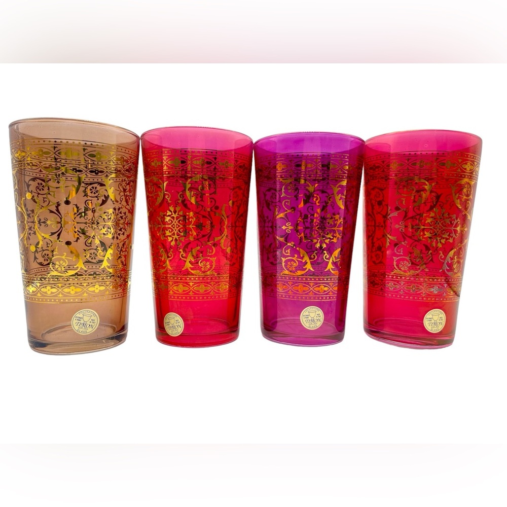 VTG Timon made in Italy Jewel Colored Glasses hand painted 22K gold filigree set